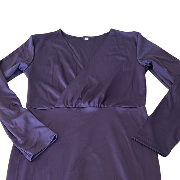 Navy Blue Purple Long Sleeve Gown with Cross V-Neck Extra Long Slit Bodycon - Picture 4 of 12